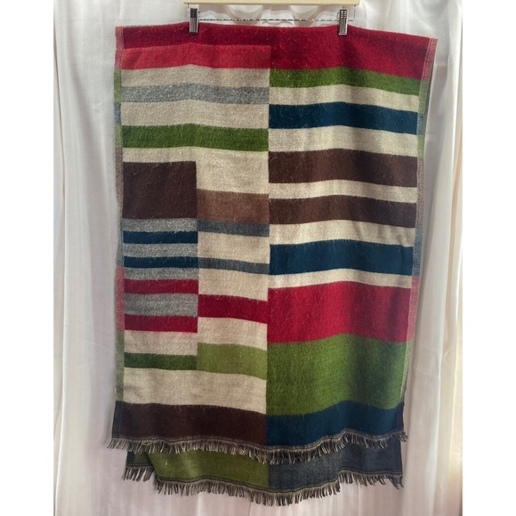 Natura Striped Wool Blend Scarf Shawl Wrap Fringe Beige Red Green Blue Brown - Picture 4 of 7